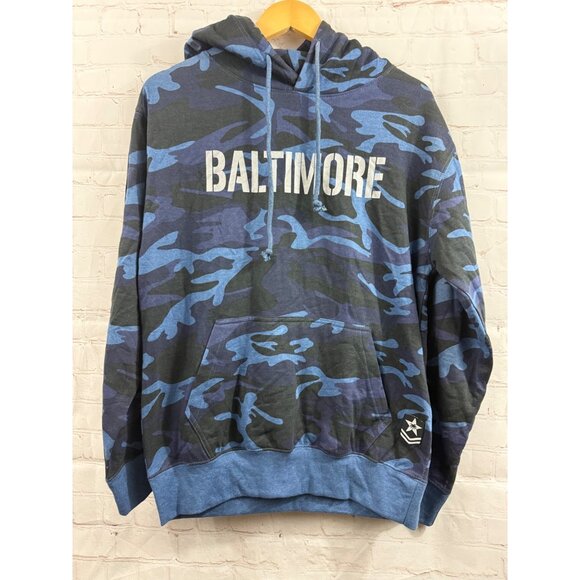 Pop Surf Baltimore Hoodie Mens Size Medium Blue Black Camo Race Stripe Sleeve - Picture 1 of 10